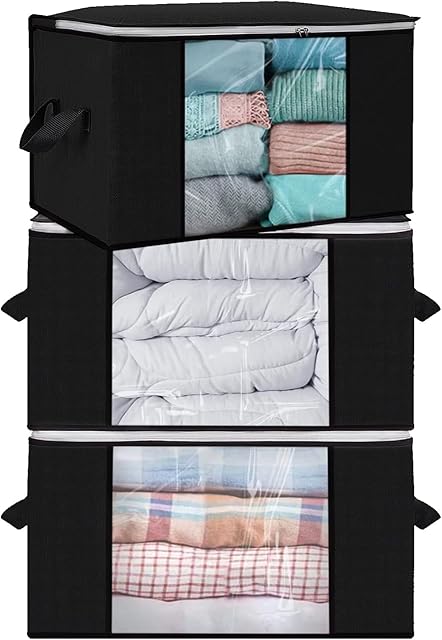 NIFTII 3 Pack 90L Large Capacity Storage Organiser in Black  Foldable Bag with Sturdy Zipper & Reinforced Handle | Storage Bags with Clear Window | Clothes Storage Bins for Bedding Pillows