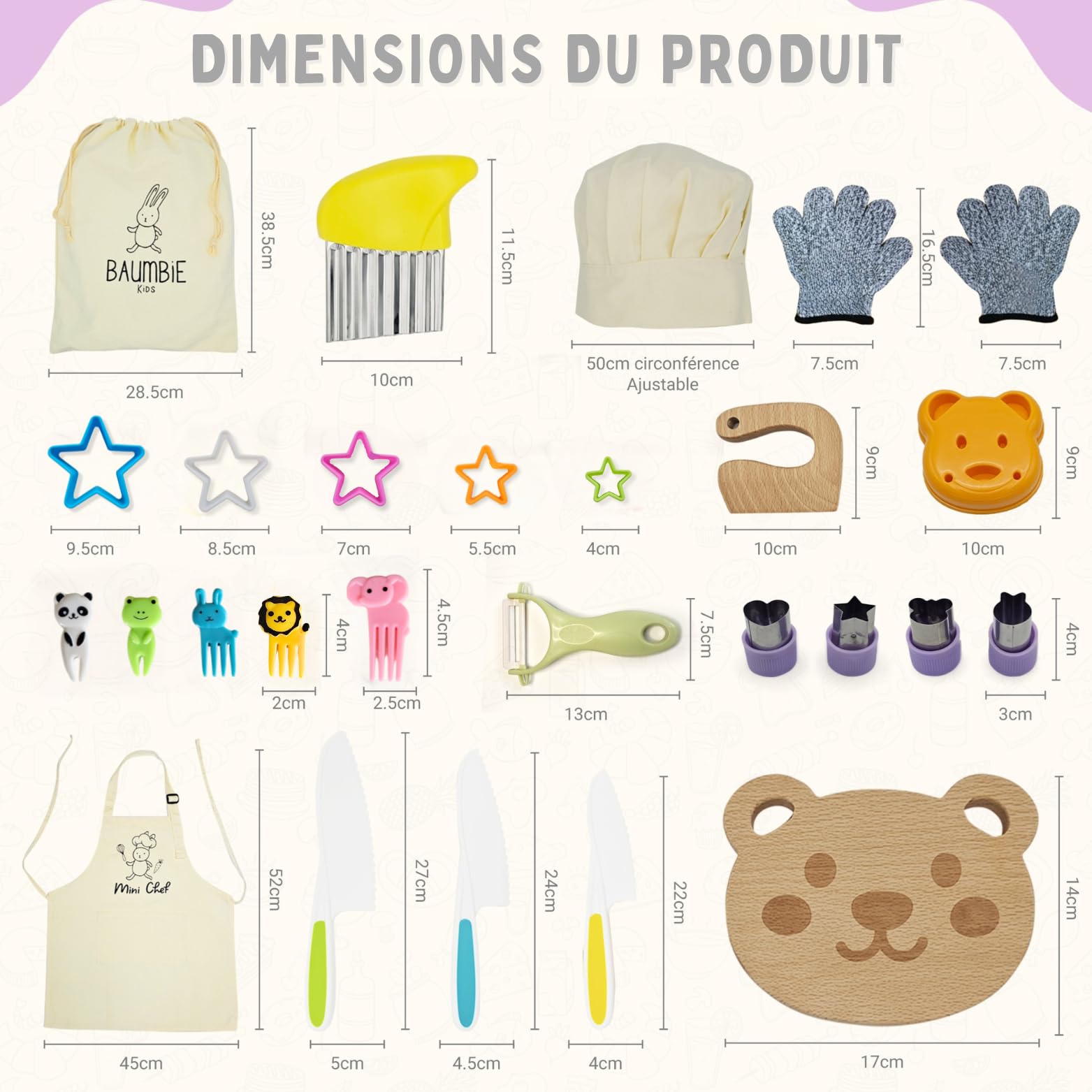 Kit Couteau sécurité de Cuisine pour Enfants - 32 Pièces, Dès 3 Ans avec Tablier et Toque - Couteau Montessori pour couper des fruits ou légumes et qui ne coupe pas les doigts