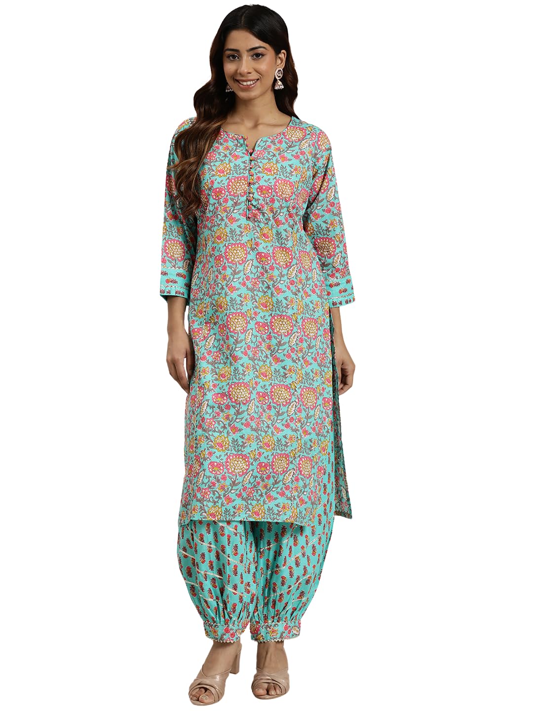 Shiv Textiles Cotton Printed Kurta Set For Women.(Kp-212-Blue-L)