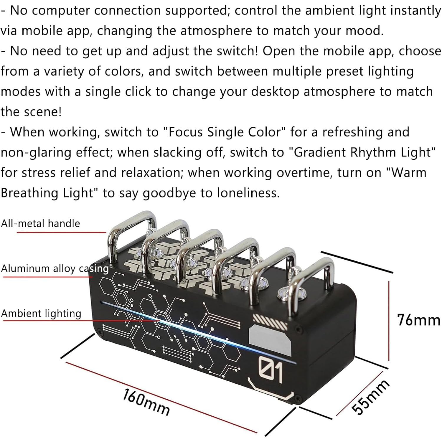 Multipresa portatile con hub USB e illuminazione ambientale, interruttore indipendente, design maniglia in metallo per studio e sala giochi