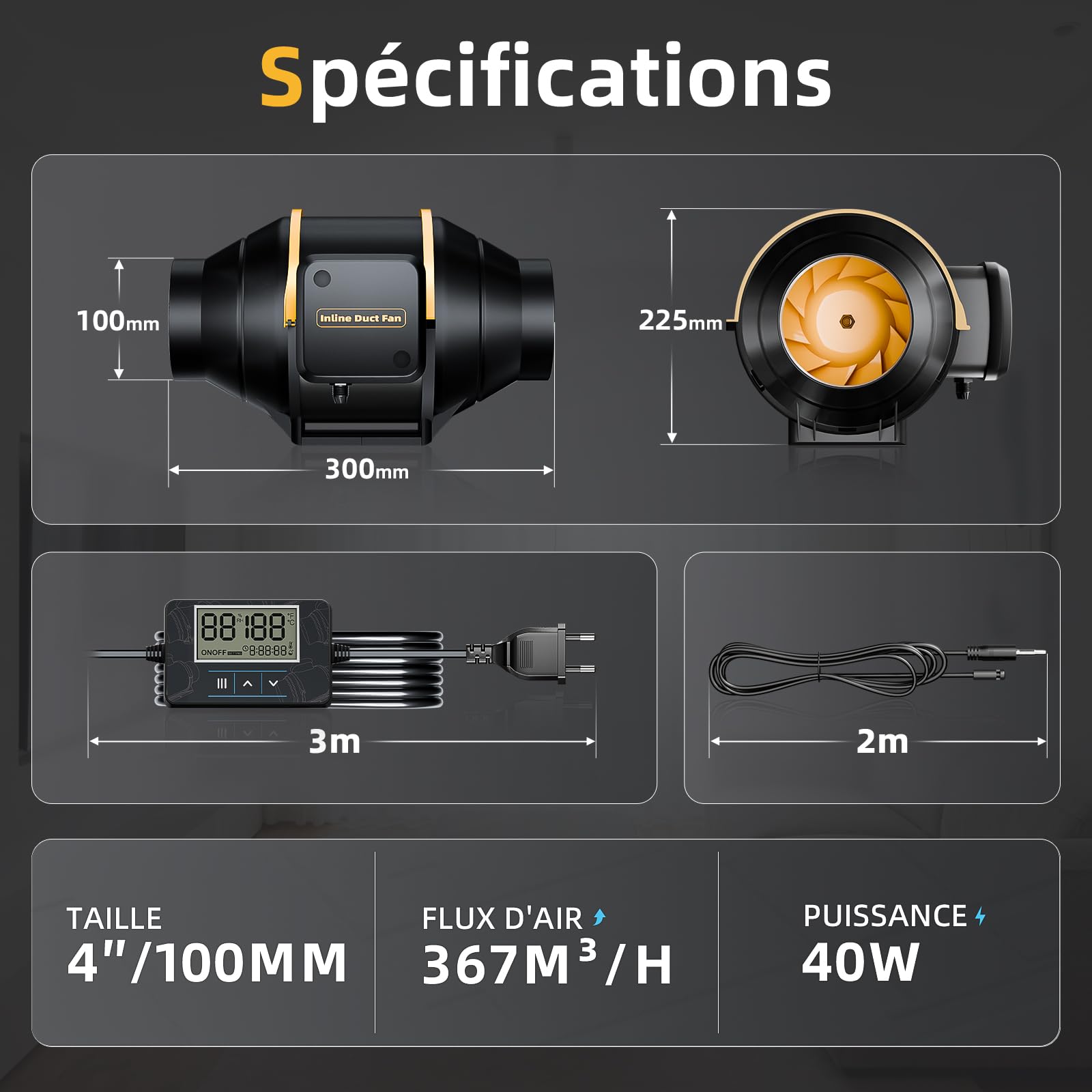 Extracteur d'air Intelligent 100 mm avec télécommande, minuterie et capteur de température et d’humidité, Double roulement à Billes, débit 367 m³/h, pour Tente de Culture, hydroponie, Garage
