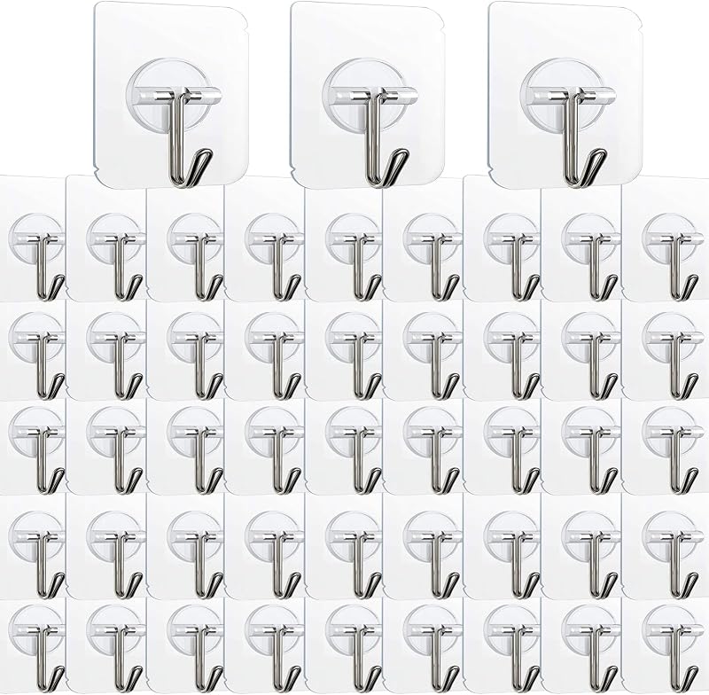 100 Pack Adhesive Hooks Wall Hooks 24lb(Max) Heavy Duty Self Adhesive Hooks | Transparent Reusable Adhesive Wall Hooks for Hanging for Kitchens, Bathroom, Office by KAKAMINA