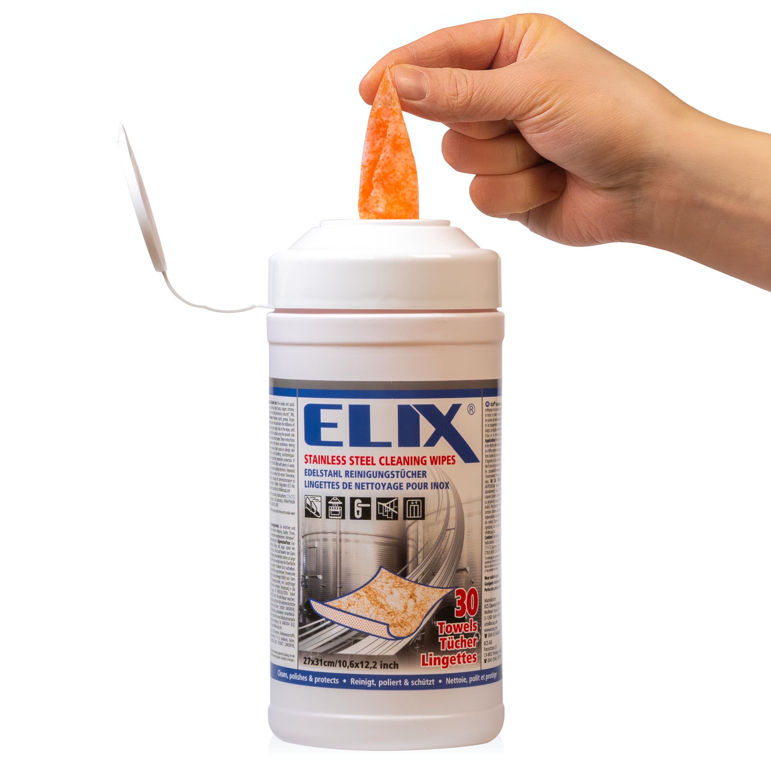 ELIX Salviette Umidificate per la Pulizia dell’ Accacio Inox - per Acciaio Inox, Alluminio, Ceramica, Cromo, Rame e Ottone - 30 Pezzi in Dispenser - Panni Umidi 27 * 31cm - Resistenti ed Efficaci