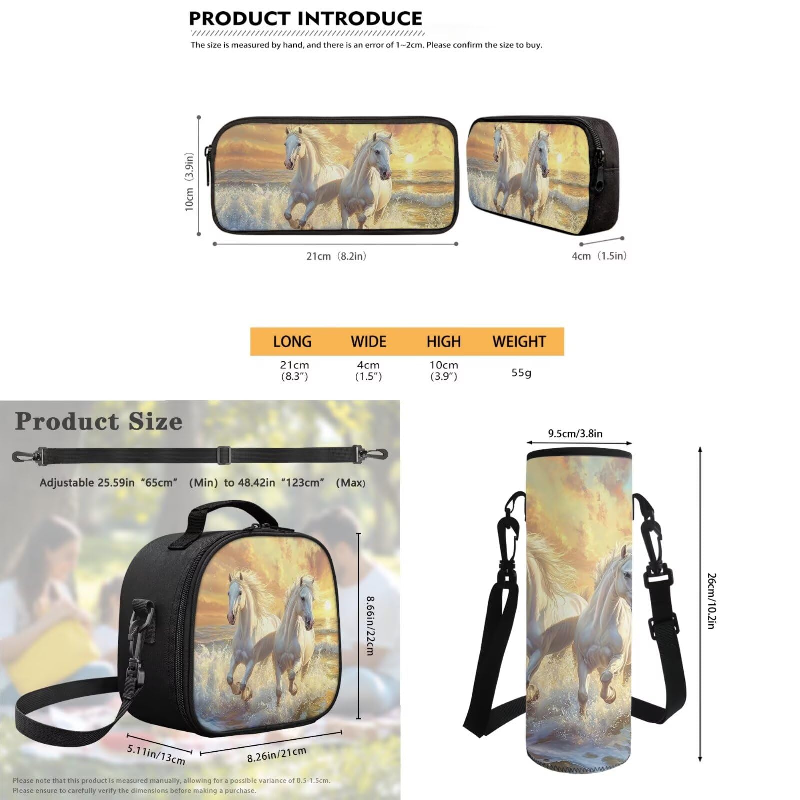 Juego de mochila escolar y bolsa de almuerzo para niños, con estuche para lápices, funda para botella de agua, Caballo blanco, Talla única