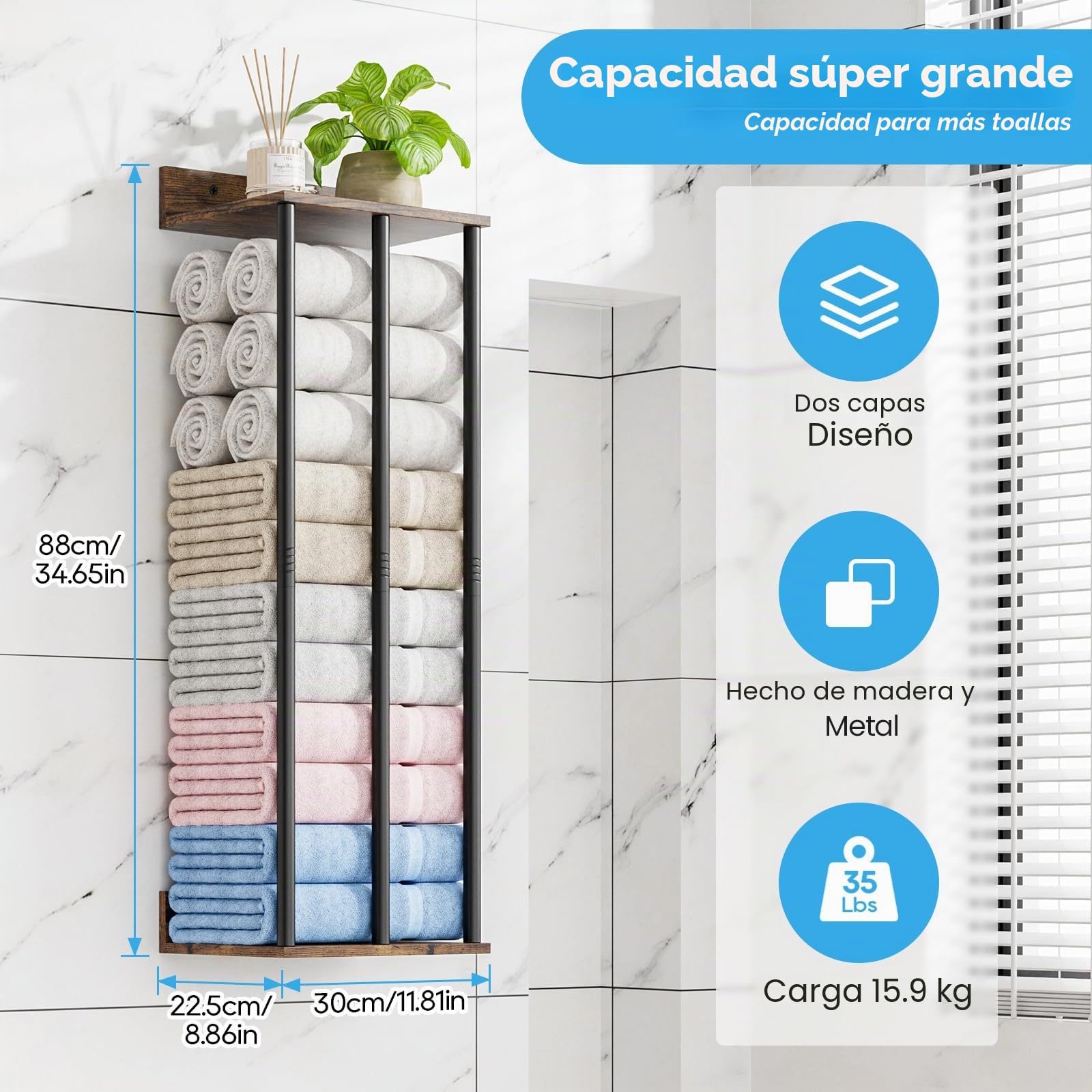 Perchas para Toallas para Baño con Montaje en Pared y Estante de Almacenamiento, Portatocas para Toallas Enrolladas, Resistente y con Gran Capacidad, Organizador de Toallas - Estilo Rústico