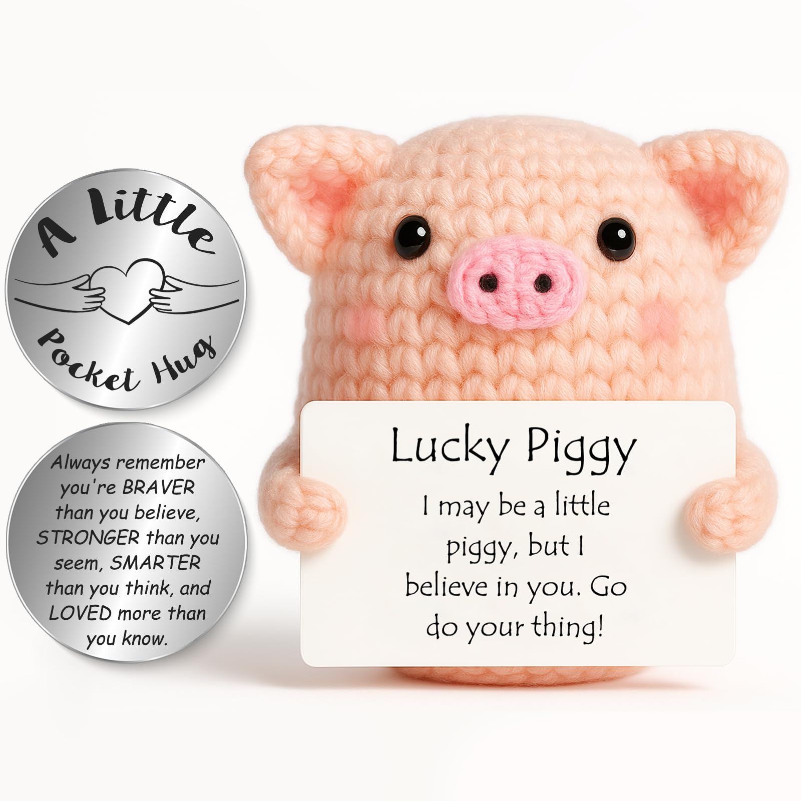 Lucky Piggy Gifts, Handmade Positive Cute Knitted Pig Doll, with Pocket Hug Lucky Charm, Good Luck | Emotional Support | Get Well Soon | Christmas | Birthday Gifts for Women Men Kids(Silver Ⅱ)