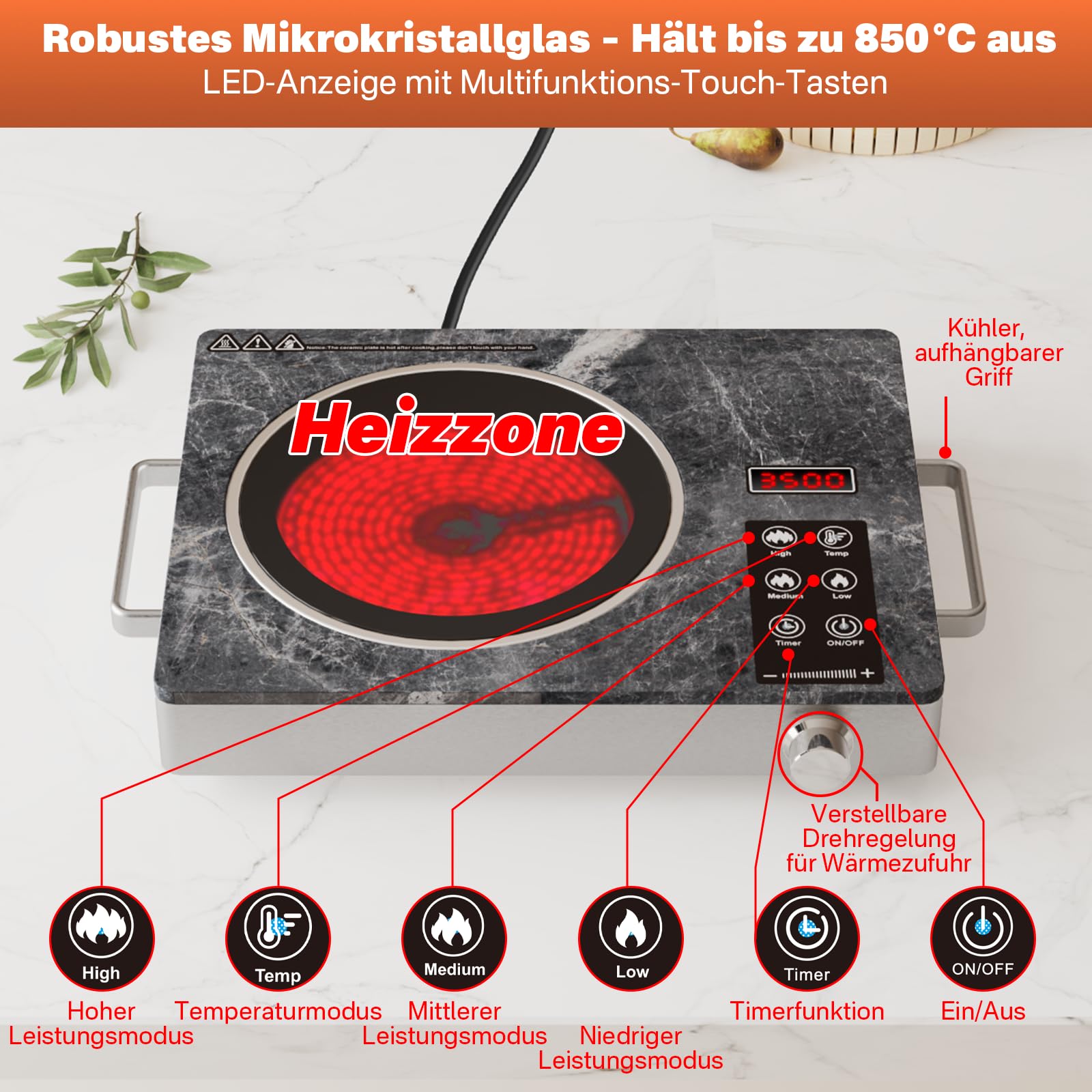 3500W Einzelkochfeld Infrarot Keramikplatte Kompakt Sicherheitsfunktionen