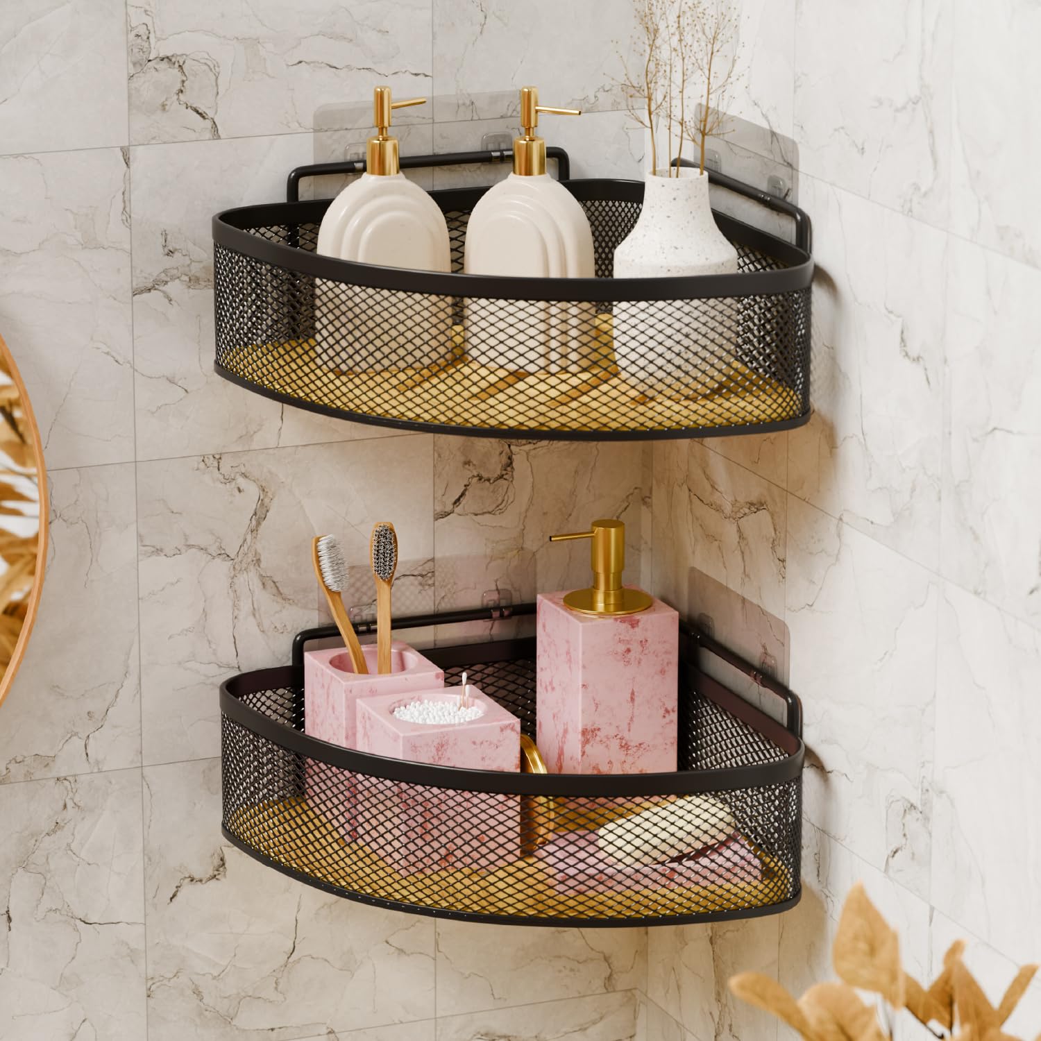 Lifelong Bathroom Corner Shelf for Storage | Pack of 2 | Mesh Wire Basket with Bamboo Tray | Dual Installation - Adhesive Sticker & Screws | Strong and Durable, Easy Install (Black, LLHIBCB01)-picture-41