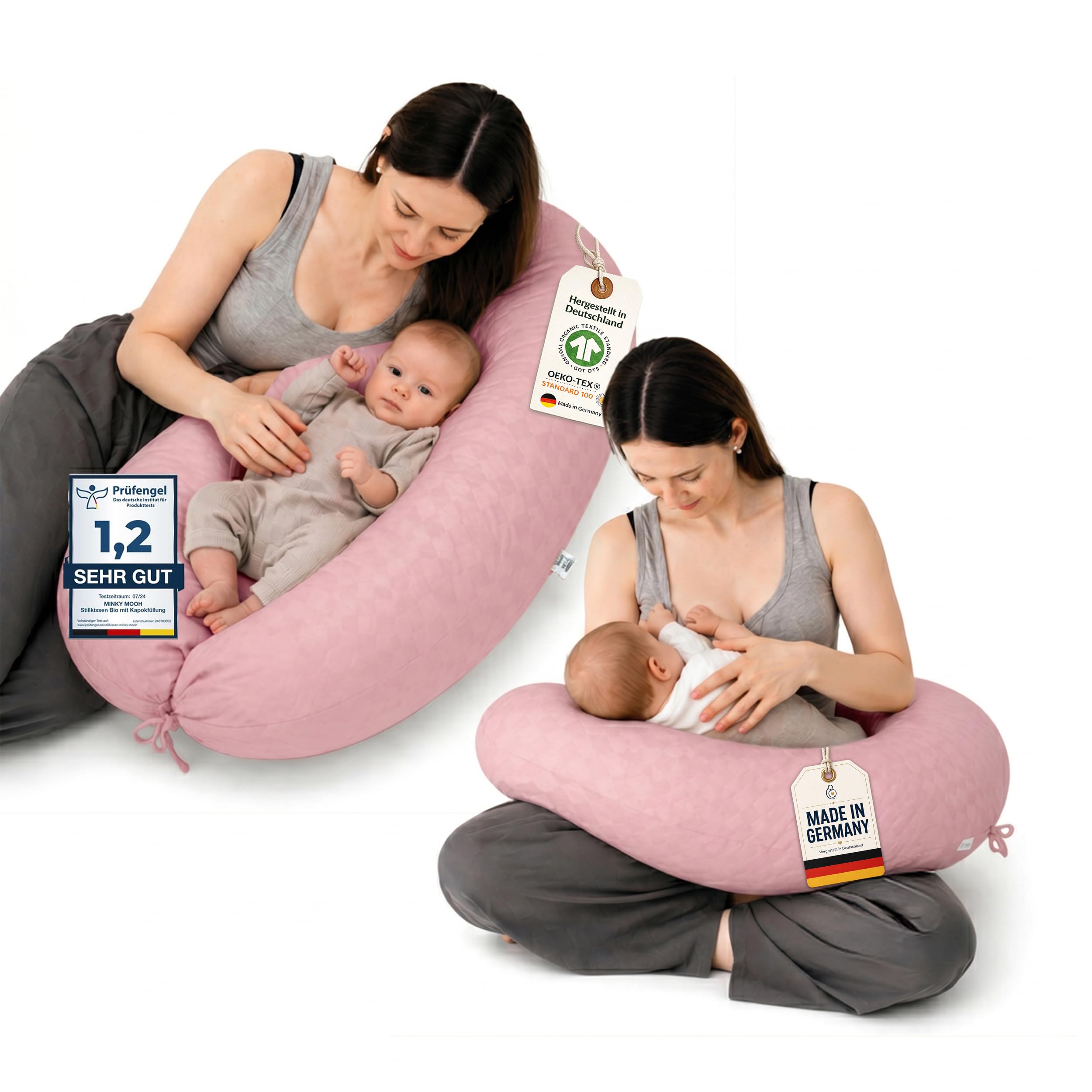 Minky Mooh® - Stillkissen XXL Bio Baumwolle (Öko-Tex 100) mit Kapok Füllung (190x30cm) flieder - Großes Baby-Kissen zum Schlafen, Stillen & Flasche geben, Schwangerschaftskissen & Seitenschläferkissen