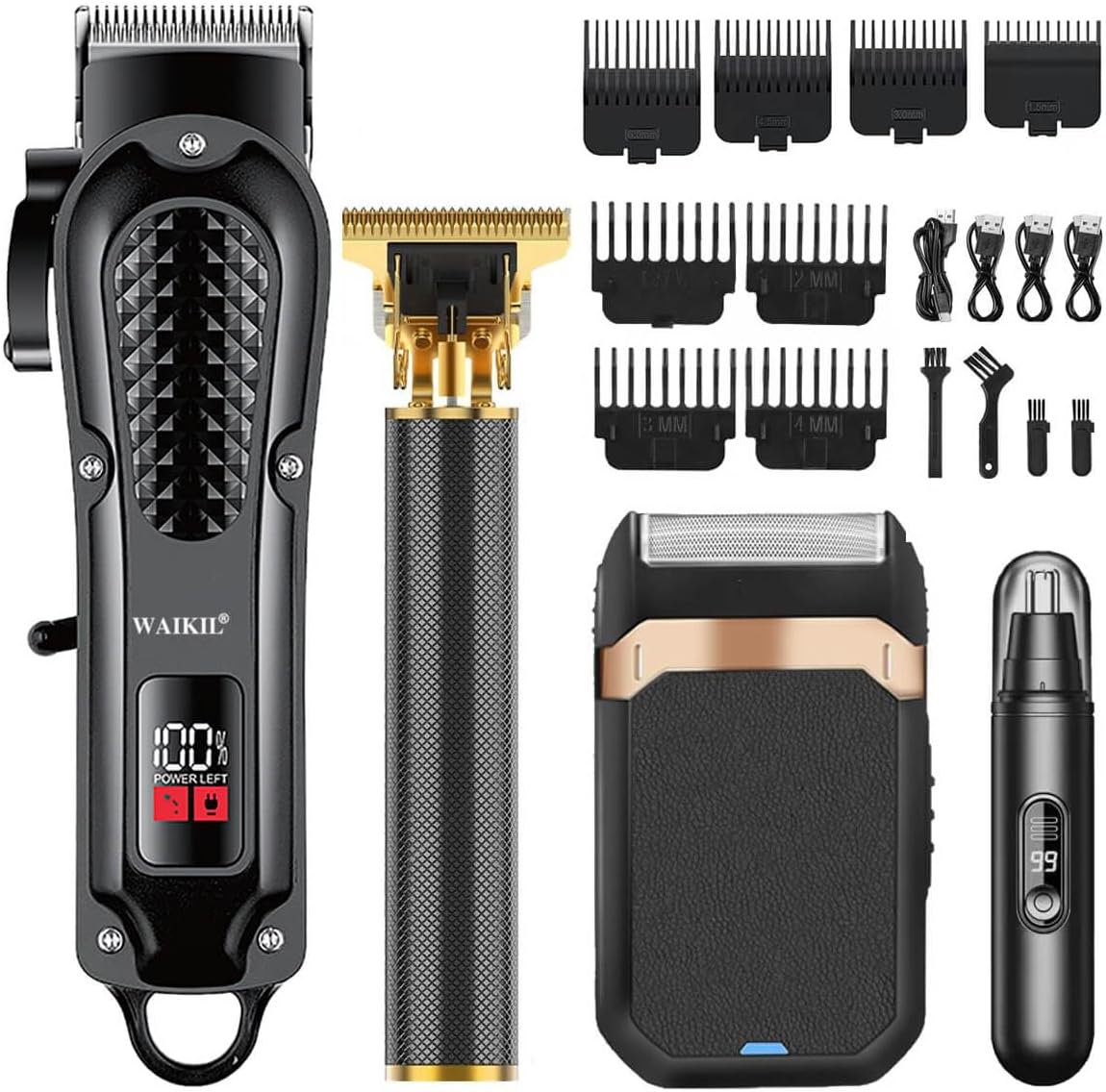 WAIKIL Professional Hair Clippers for Men with T-Blade Trimmer, Foil Shaver & Nose Hair Trimmer, Cordless Barber Kit with Guards, Rechargeable Grooming Set for Beard, Hair, Face & Body