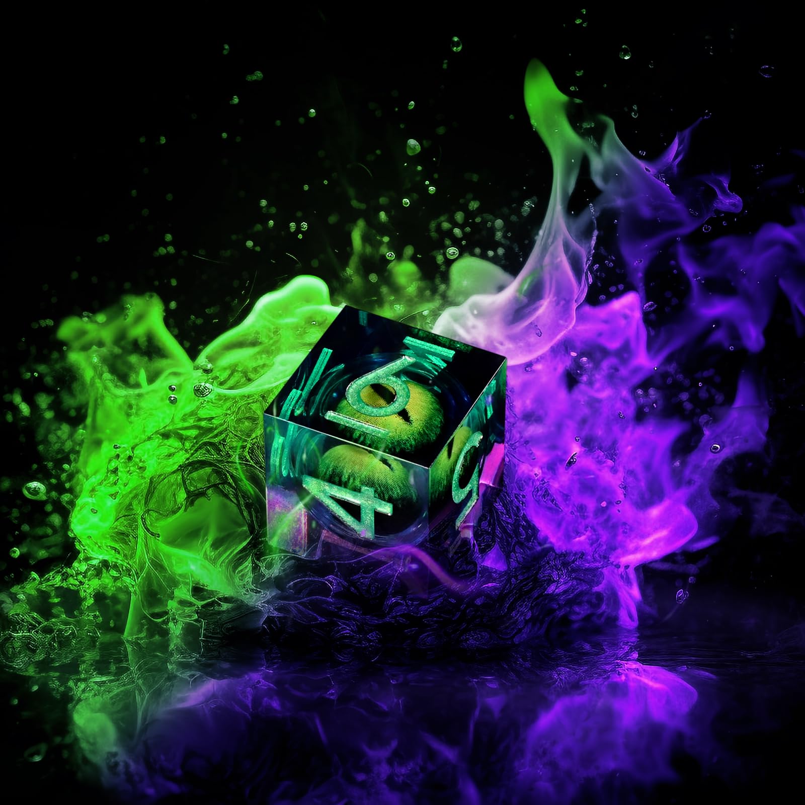 GiGiGuGu DND Dice Set – Dragon Eye Liquid Core Sharp Edge Resin Dice Set 7pcs with Metal Gift Box for Role Playing Games (Dusk Venom – Green & Purple)