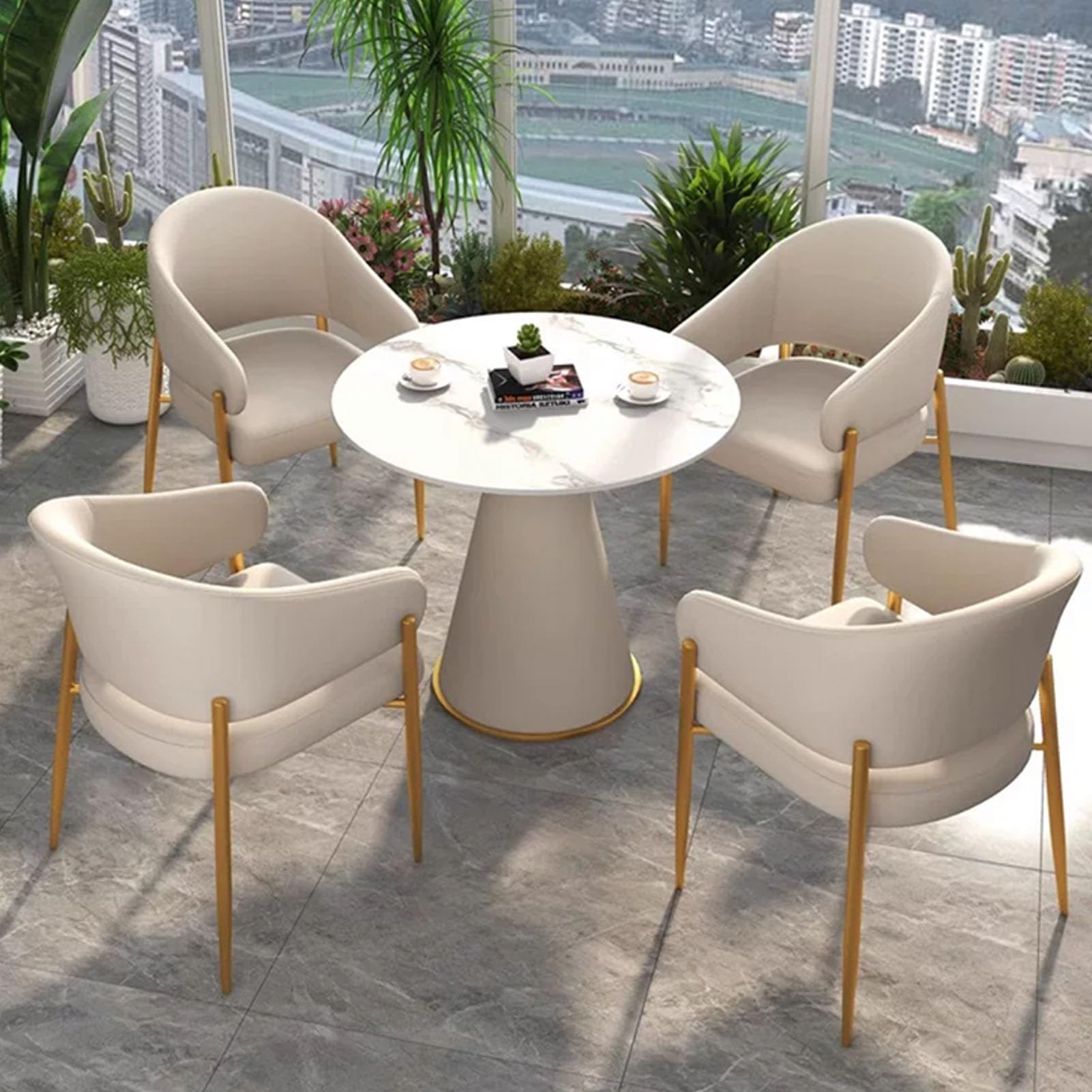 ASerZenith Marble Round Table Set With Pu Backrest Chairs, Small Conference Desk For Reception Negotiation, Leisure Table And Chair For Family Apartment,Khaki-4 Chairs