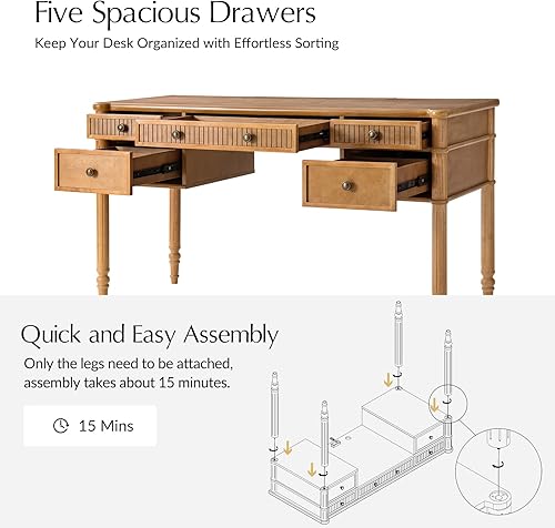 Miniatura 6 de HULALA HOME Escritorio de computadora estriado de 55 pulgadas con estación de carga, escritorio de escritura con 5 cajones, escritorio de madera