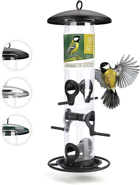 14" bird feeder black - 5 year guarantee - rustproof metal bird feeding station, bird feeders station, seed feeder, hanging feeder