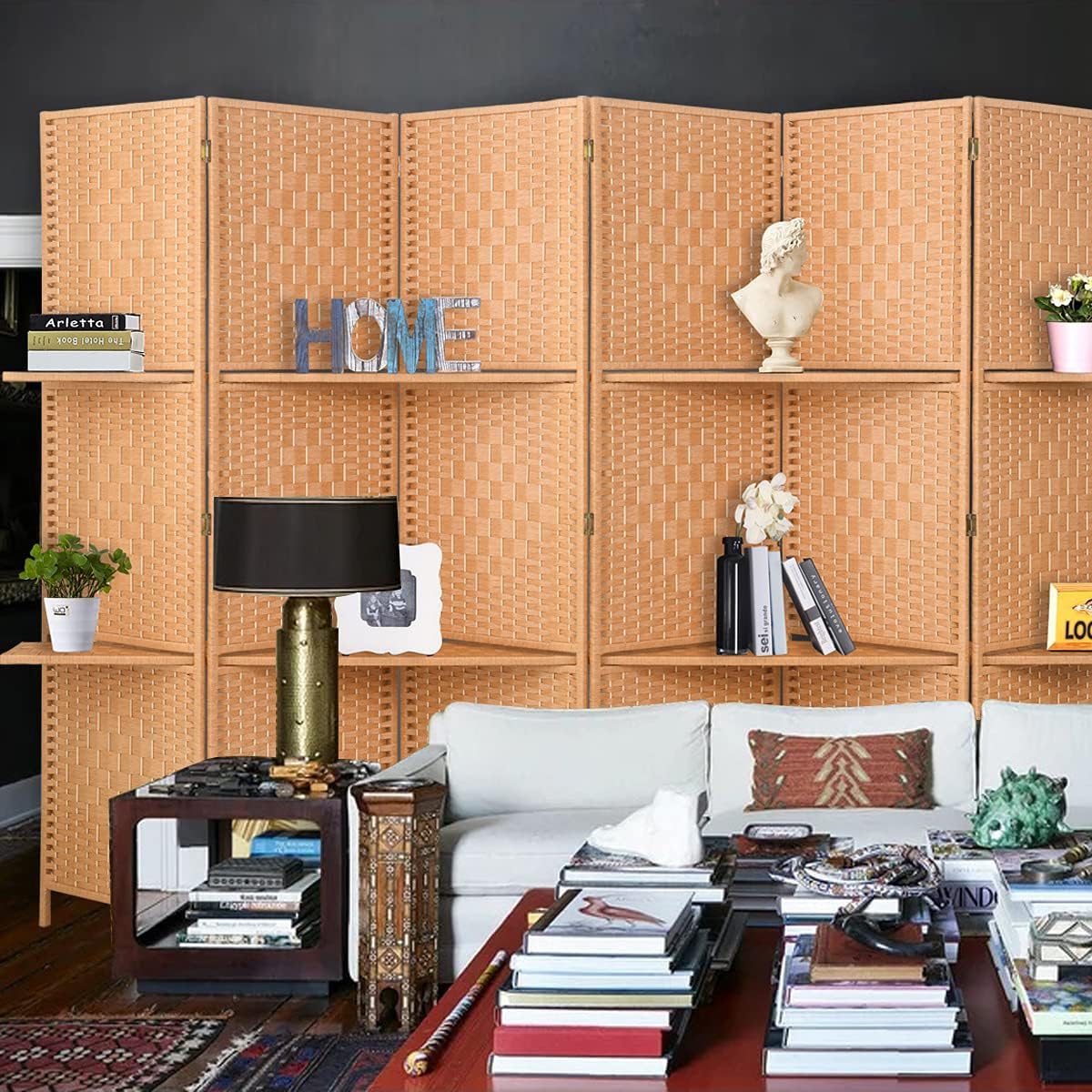 RHF 5.6 ft.Tall-6 Panels Room Divider, Privacy Screen Room Dividers and Folding Privacy Screen, Partition Wall, Room Dividers with 2 Display Shelves,Light Beige-6 Panel, 2 Shelves