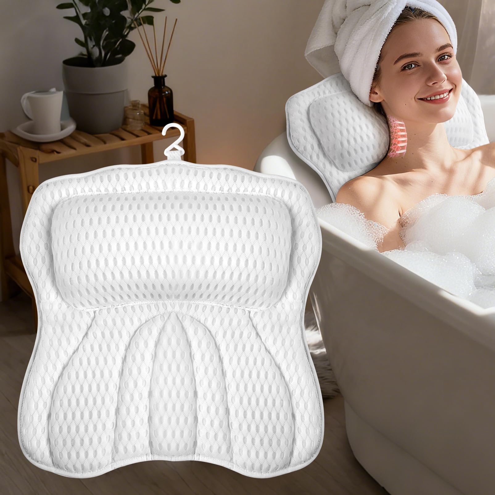 AOPOW Ergonomic Luxury Bath Pillow: Large Area 5D Air Mesh Comfortable Bathtub Pillow - 6 Non-Slip Suction Headrest Cushion with Head Neck Shoulder and Back Support for Women Men Gift Home Spa Hot Tub