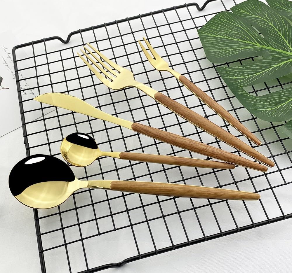 OLSKFUH Cutlery Flatware Cutlery Set, 4/16/24/32/40/48Pcs Portuguese Cutlery Imitation Wood Handle Stainless Steel Knife And Fork Spoon Set Cutlery Gold Steak Knife And Fork,Gold-20 Piece set for 4