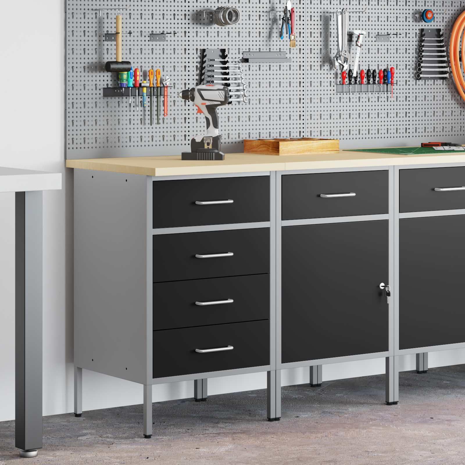 Banco da lavoro con cassetti 2 pezzi, nero e grigio, 75 x 45 x 85 cm, armadio da officina in legno e acciaio per attrezzi