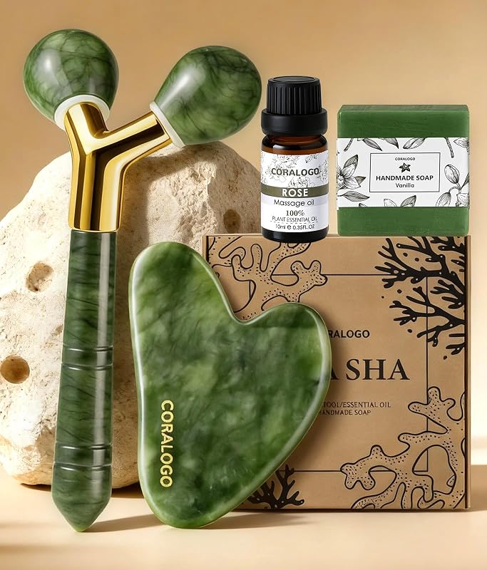 Jade Gua Sha Facial Tools - 4pc Face Massager Tools Set with Gua Sha Facial Oil, Soap, Jade Roller for Puffiness Lymphatic Drainage, Self Care Gift for Her Birthday Mother's Day