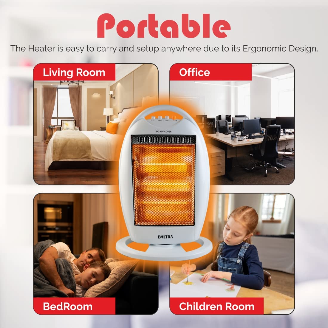 Baltra Blister BTH-101 Halogen Room Heater 1200 Watts | ISI Approved | 3 Heat Settings | Handle to carry | Electric Room Heater For Bedroom | Winter Room Space Heater | 1 Yr Warranty 【White】 1