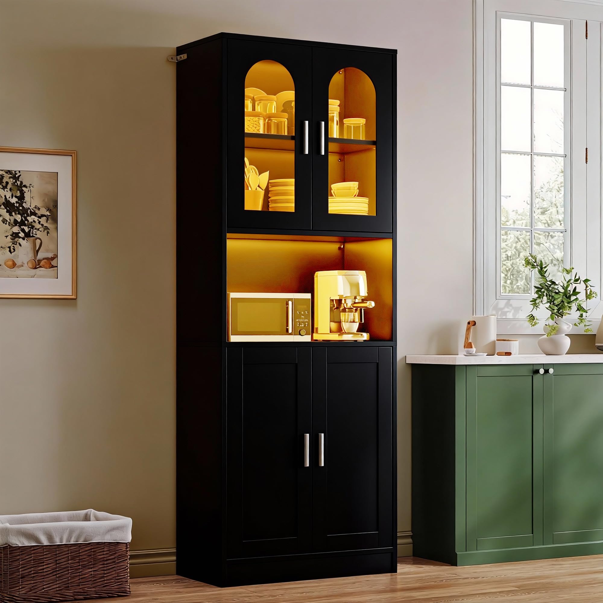 YITAHOME Hochschrank Küchenschrank, Vorratsschrank mit Glastüren and LED-Beleuchtung, Vorratsschrank, Hoher Buffetschrank Weinschrank mit Verstellbaren Einlegeböden für Küche Esszimmer Wohnzimmer