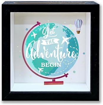 Adventure Fund Shadow Box Frame, Honeymoon Fund Box with Slot, Let The Adventure Begin Theme Travel Memory Box, Adventure Archive Box Wedding Gifts for Newlyweds, Decorative Wooden Money Savings -01