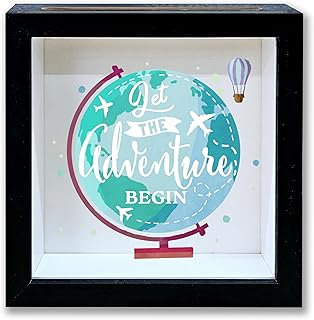 Adventure Fund Shadow Box Frame, Honeymoon Fund Box with Slot, Let The Adventure Begin Theme Travel Memory Box, Adventure Archive Box Wedding Gifts for Newlyweds, Decorative Wooden Money Savings -01