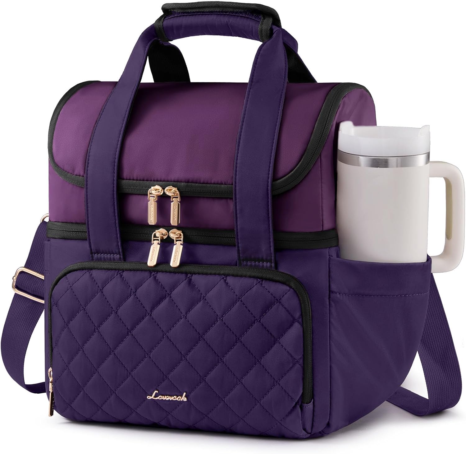 LOVEVOOK Insulated Lunch Bag For Women,Large Double Deck Adult Lunch Box,Teacher Lunch Tote Bag With Cup Holder,Leakproof Cooler Bag With Adjustable Shoulder Strap For Work Picnic Beach,Larger 15L