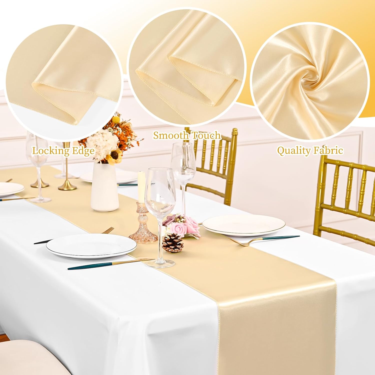 20 Pack Champagne Satin Silk Table Runner 12 x 108 Inch, Long Smooth Silk Table Runners for Wedding, Banquets, Birthday Party, Graduations