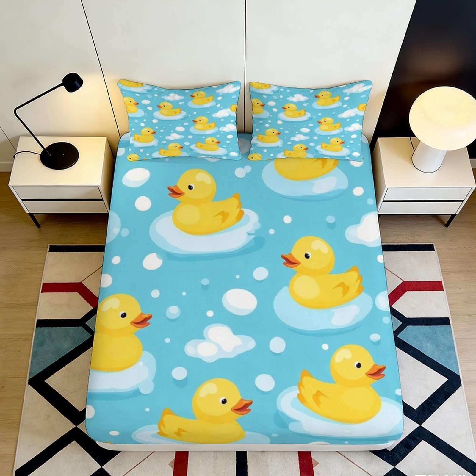 3D Printed Yellow Duck Fitted Sheet Microfiber Deep Pocket Full Wrap Bedroom Bedding Duck Mattress Fitted Cover Washable 200x200x25cm