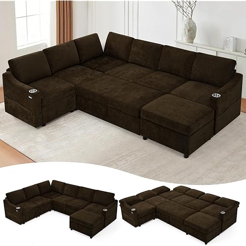 116" Chenille Modular Sleeper Sofa with Adjustable Backrests, Convertible Corner Sofa with USB Ports, U-Shape Sectional Couch with Pull-Out Bed & Storage Space for House, Living Room, Brown