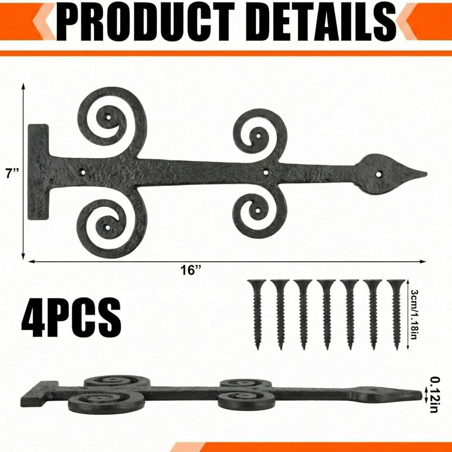 4 Pack 16" Gate Hinges Black Powder Coated Wrought Iron Garage Door Decorative Hardware Heavy Duty Rust Resistant Dummy Strap Fence Hinges with Mounting Hardware for Door Shed Barn