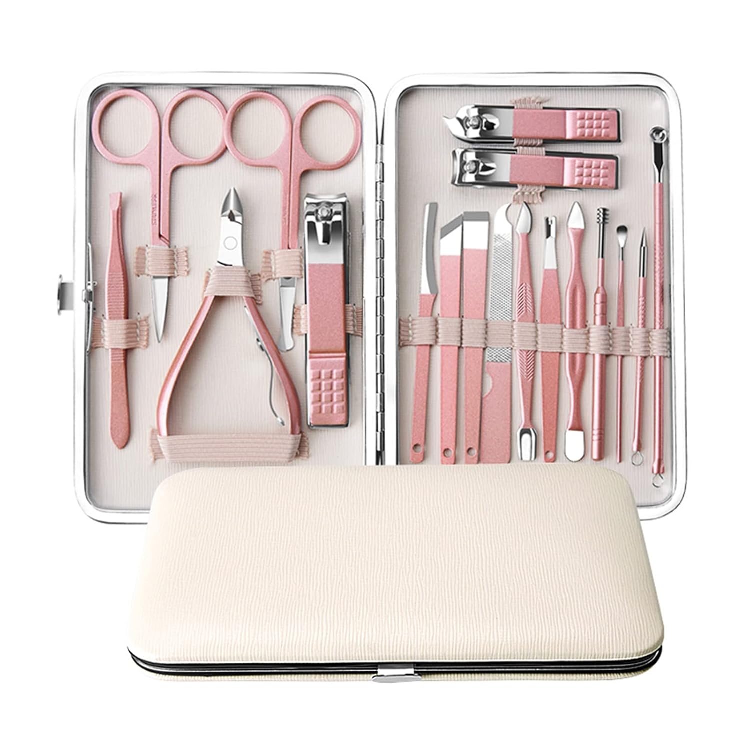 Professional 18PCS Manicure Pedicure Tool Kit Stainless Steel Nail Clippers Set with Needle Nail File Trimmer Nose Hair Eyebrow Scissors for Hand Foot Face Care Rose Gold 15.5cm