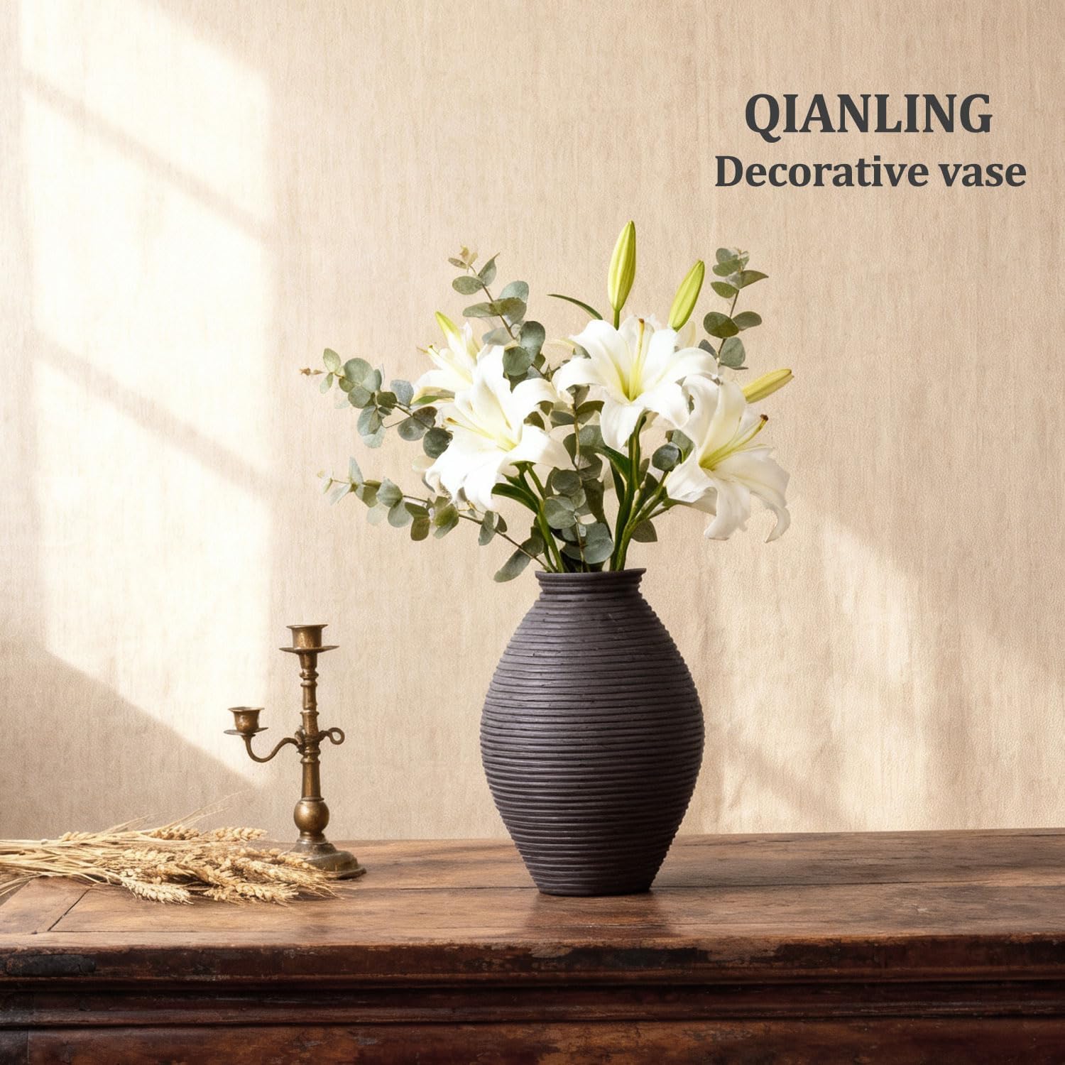 Modern Distressed Resin Vase, 8.5 Inch Rustic Farmhouse Vase for Home Decor, Minimalist Tall Vases for Living Room Table, Bathroom Holiday Weddings Book Shelf Office Coffee Desk Fireplace (Black)