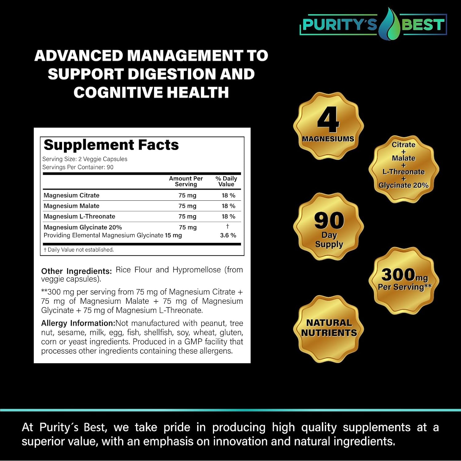 Purity's Best 4 MAGNESIUMS, Premium Magnesium Glycinate, Malate, L-Threonate, Citrate, 300mg, 180 Veggie Capsules, Third Party Tested, 3 Months’ Supply, Muscle Energy Nerve and Cognition Support