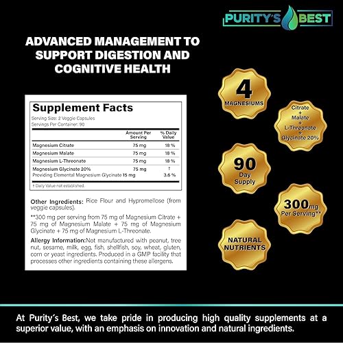 Miniatura 8 de Purity's Best 4 MAGNESIOMS, glicinato de magnesio premium, malato, L-treonato, citrato, 300 mg, 180 cápsulas vegetales, probado por terceros,