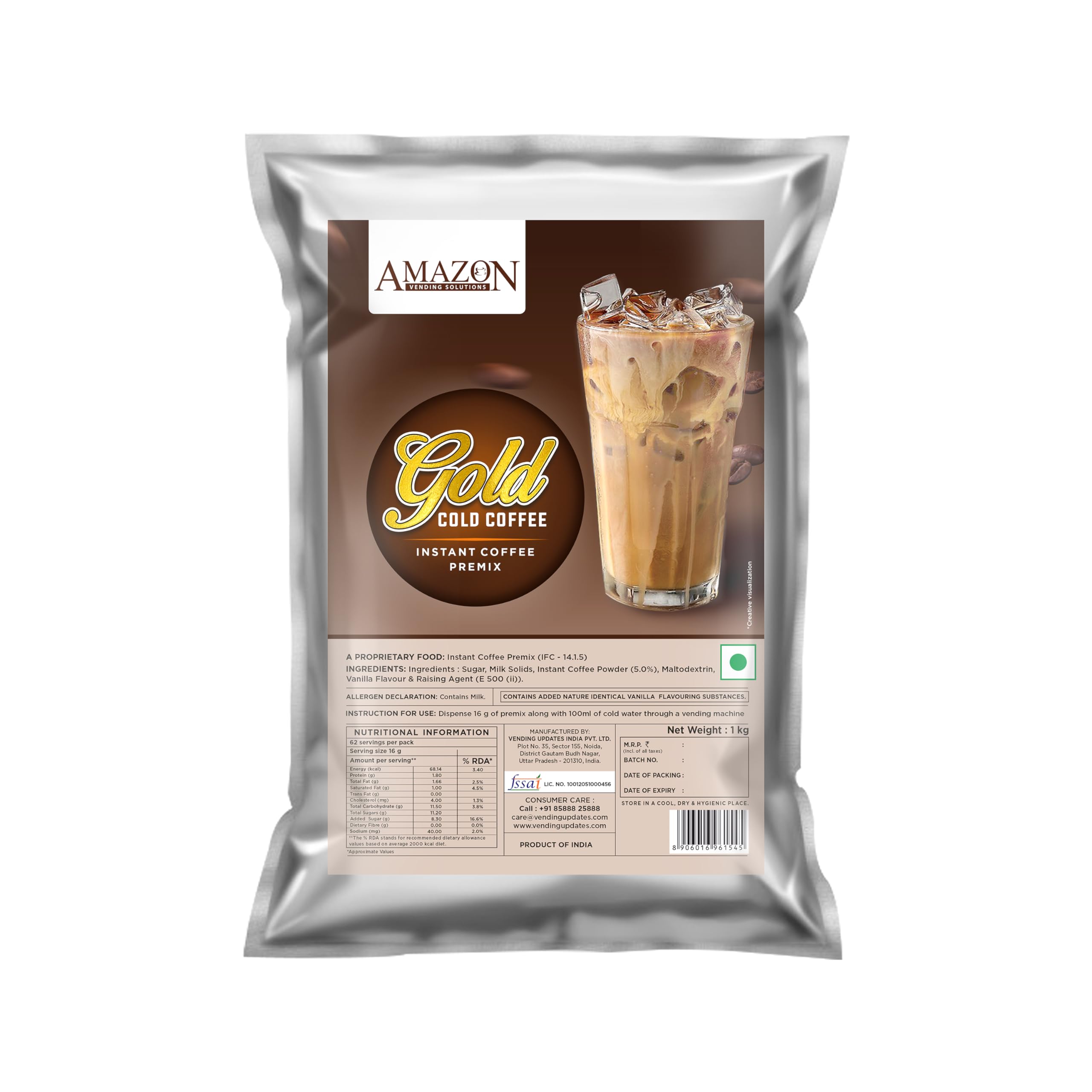 AMAZON Instant Cold Coffee Premix, Just Add Cold Water for Manual Use, For Cold Vending Machine (1kg Pack)