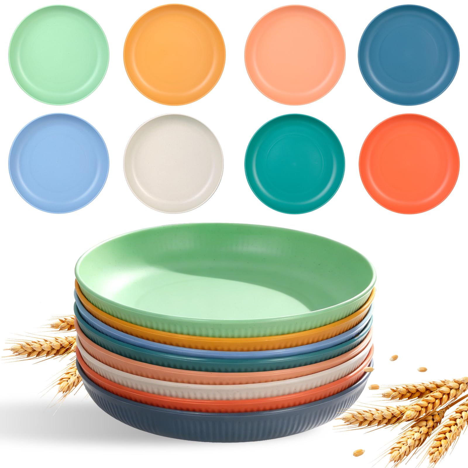 Yuecda 8 Unbreakable 9" Deep Plastic Dinner Plates - Reusable, Microwave & Dishwasher Safe, 8 Vibrant Colors, Perfect for Camping