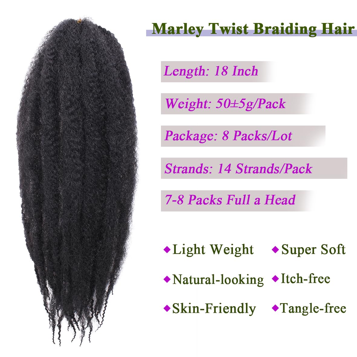 Kachanaa 18 Inch Marley Twist Braiding Hair 8 Packs Afro Kinky Curly Hair Extensions Pre Fluffed Kinky Hair for Jumbo Twists Braiding Hair Senagalese Twists /1B# - Image 3