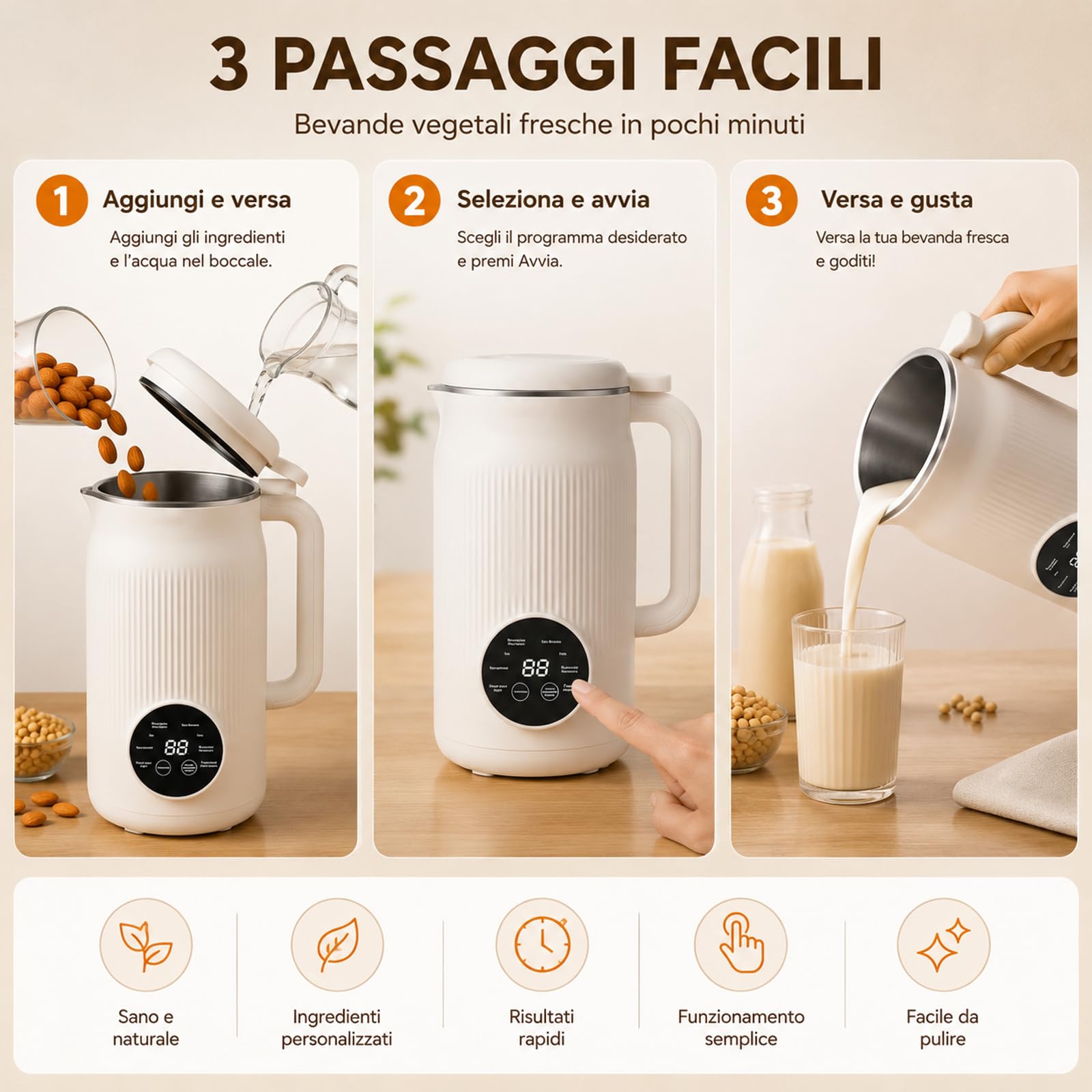 Vitamixia Macchina Multifunzione 8-in-1, Frullatore Estrattore per Bevande Vegetali, Latte di Mandorla e Soia, Robot da Cucina per Frullati, Vellutate e Succhi, Cleenovia Design (#A)