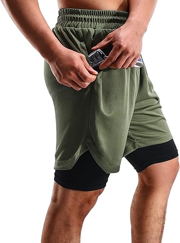 Miniatura 5 de 2 in 1 Mens Shorts Casual 2 Pack, Running Gym Shorts for Men 7 Inch, Workout Shorts Men with Pockets &Towel Loop negro y verde