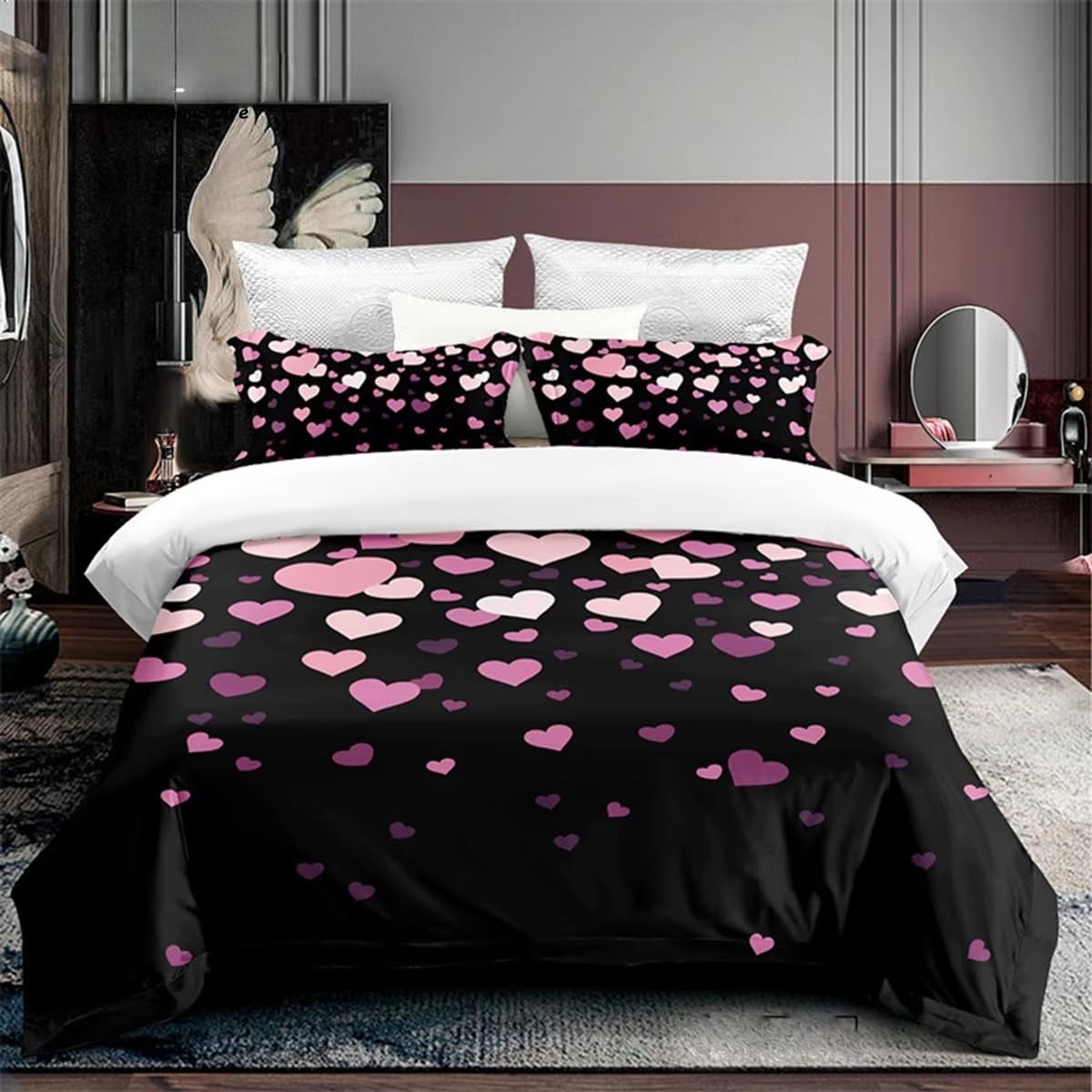 Parure de lit 240x220 king size en microfibre premium douce rose avec cœurs