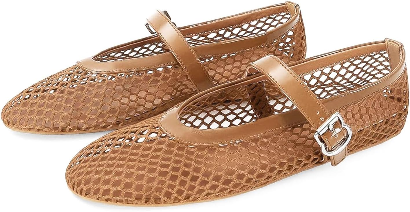 MICIFA Women's Mesh Ballet Flats Fishnet Ballerina Flats Buckle Strap Mary Jane Causal Daily Dress Shoes