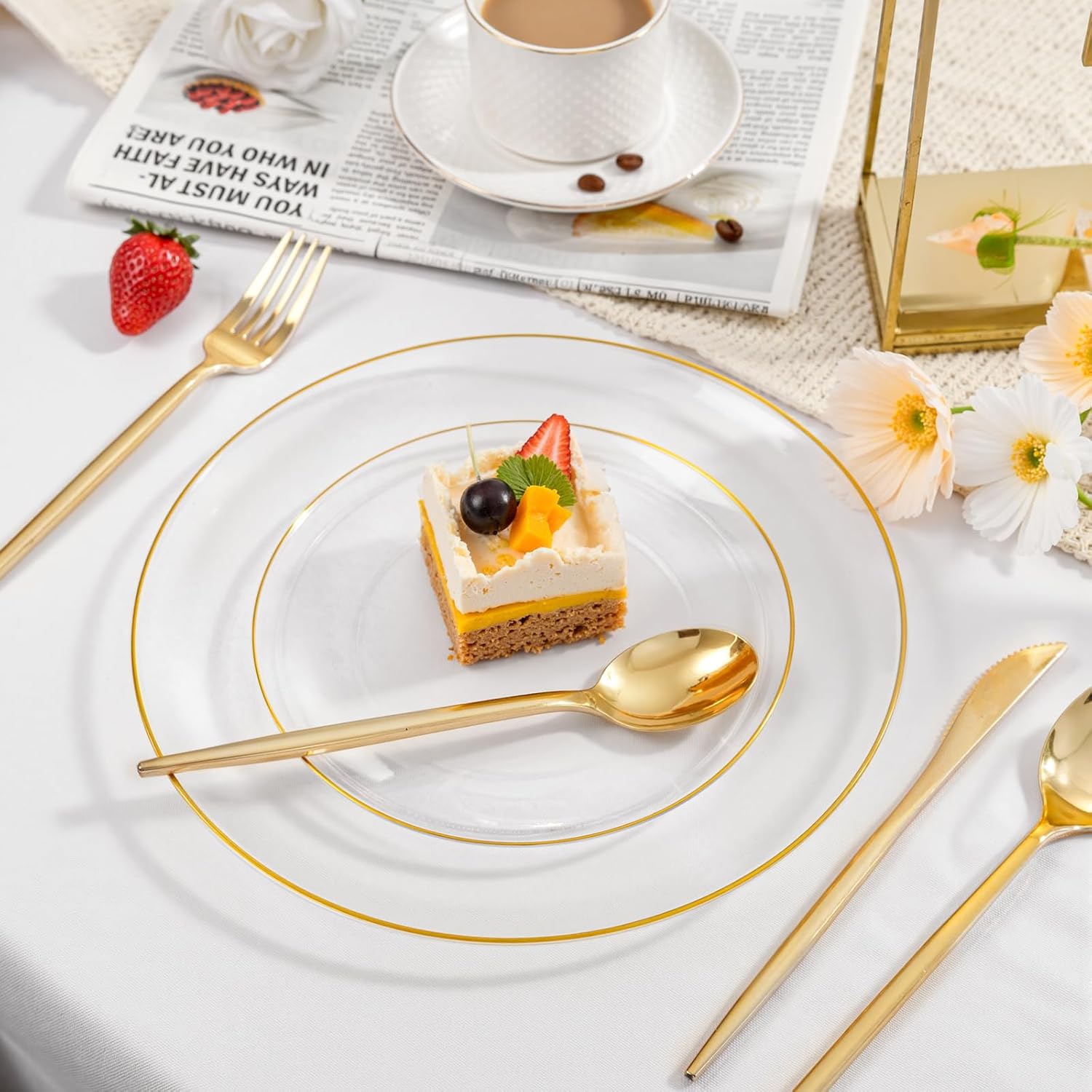 bUCLA 200PCS Clear and Gold Plastic Plates - Clear Disposable Plates with Gold Rim, Includes 100 PCS 10 inch Dinner Plates and 100 PCS 7 inch Dessert Plates for Party&Wedding