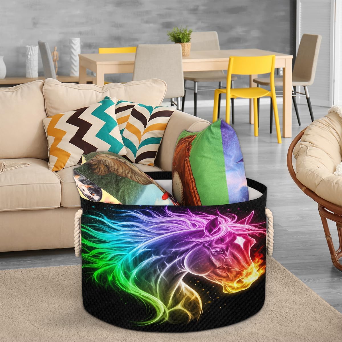 Large Storage Baskets - Rainbow Fire Horse Nursery Round Collapsible Organizer Bin Box, Laundry Hamper for Kids Toys, Blanket, Bedroom Living Room Home Decor, Gift Basket, 19.4"x13.3"