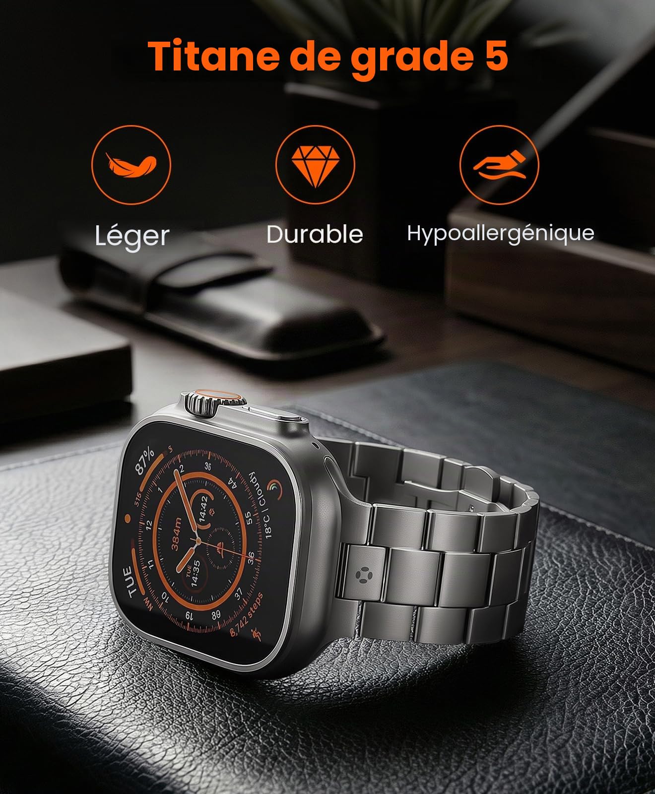 CRNS03 Bracelet en Titane pour Apple Watch Ultra 3/2/1 49mm & Series 11/10 46mm, Bracelet iWatch Ultra Ajustable avec Fermoir Papillon, bracelet de Montre Titane Homme Confortable