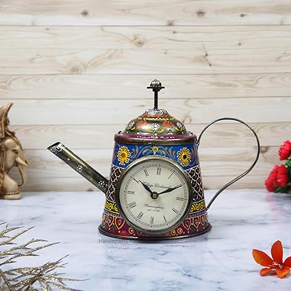 Handicrafts Paradise Table Clock Kettle Shaped Showpiece Gift Item for Homedecor in Wrought Iron, 9.25 inch