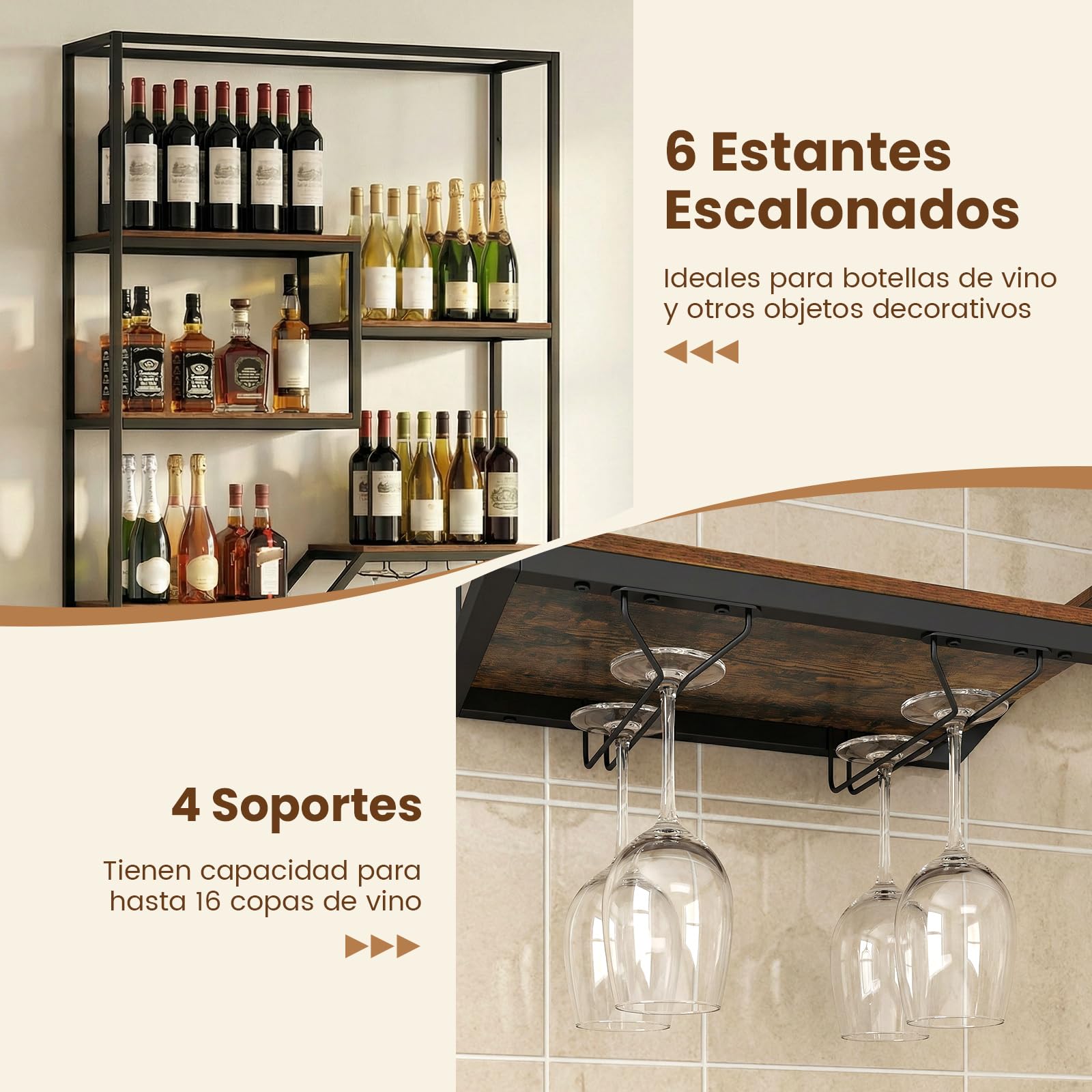 COSTWAY 102 cm Estante de Pared para Vinos, Botellero Colgante de 6 Niveles con Estante para Botellas y Soporte para Copas, Estructura Metálica, Soporte Flotante para Exhibición de Vino, Bar, Comedor