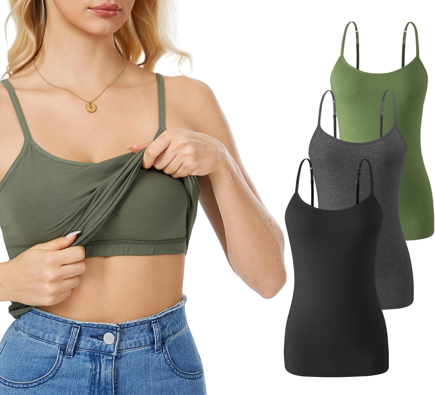Rosyline 3 Piece Womens Cotton Camisole Built in Bra Tank Top Adjustable Spaghetti Strap Undershirt