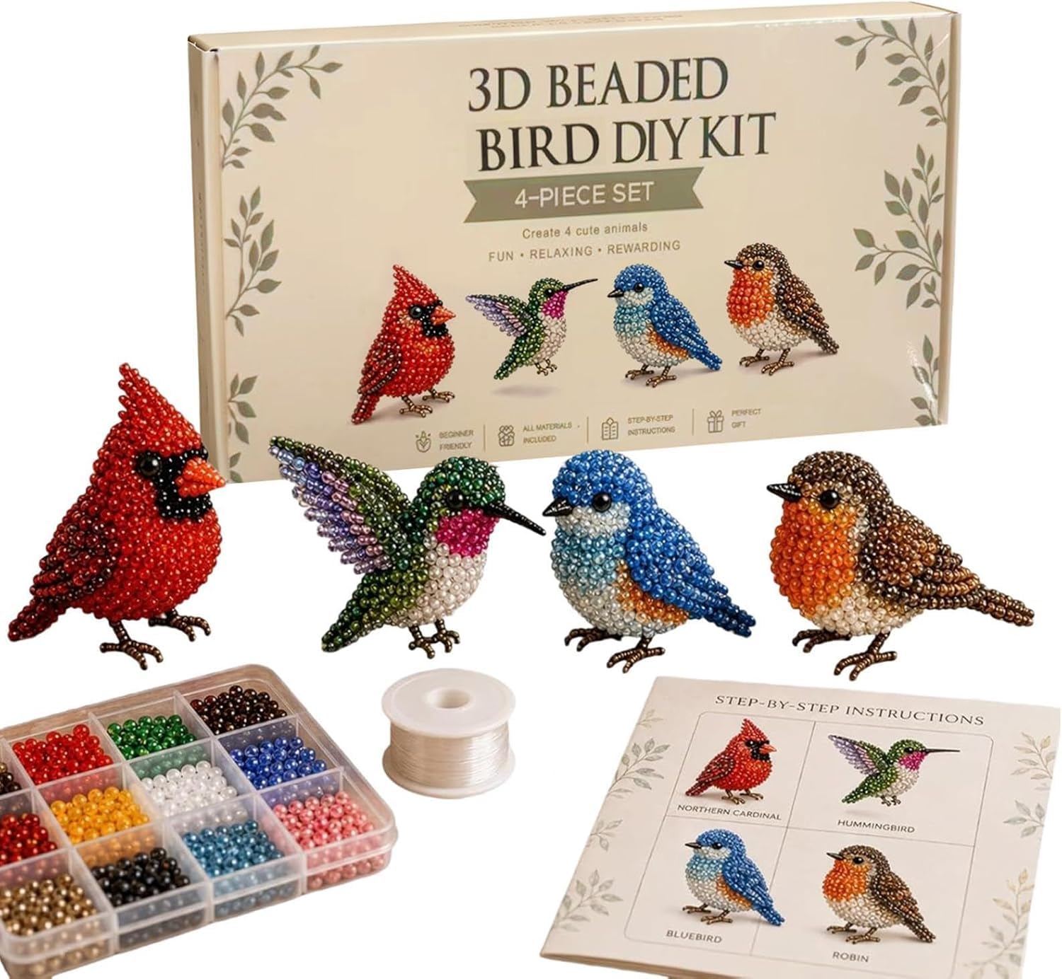 Wonlonda 3D Beaded Bird DIY Kit, 4-Piece Set, Bead Embroidery Craft Kit, Cardinal, Hummingbird, Bluebird and Robin โ image 1